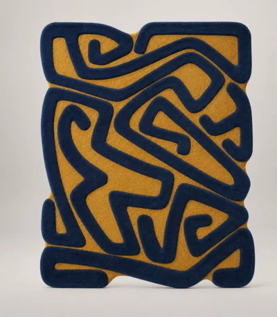 Storm Over Sahara Hand Tufted Rug, abstract area rug in navy blue and mustard yellow with raised maze pattern and scalloped irregular border — luxury wool rug for living room