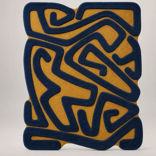 Storm Over Sahara Hand Tufted Rug, abstract area rug in navy blue and mustard yellow with raised maze pattern and scalloped irregular border — luxury wool rug for living room